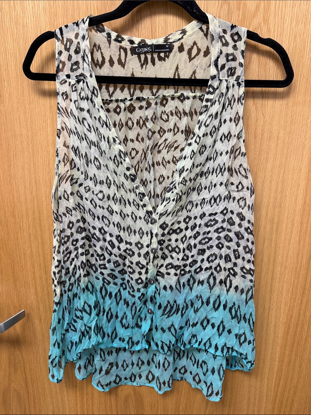 Gypsy 05 Cream to Teal Ombre Animal Print Sleeveless Button-Front Silk Camisole